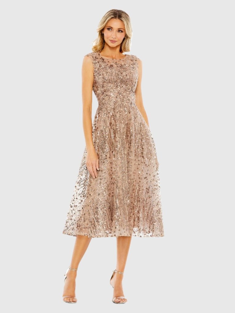 Mac Duggal Size 16 Gold 20398 Sequin Cap Sleeve Fit & Flare Midi Cocktail Dress